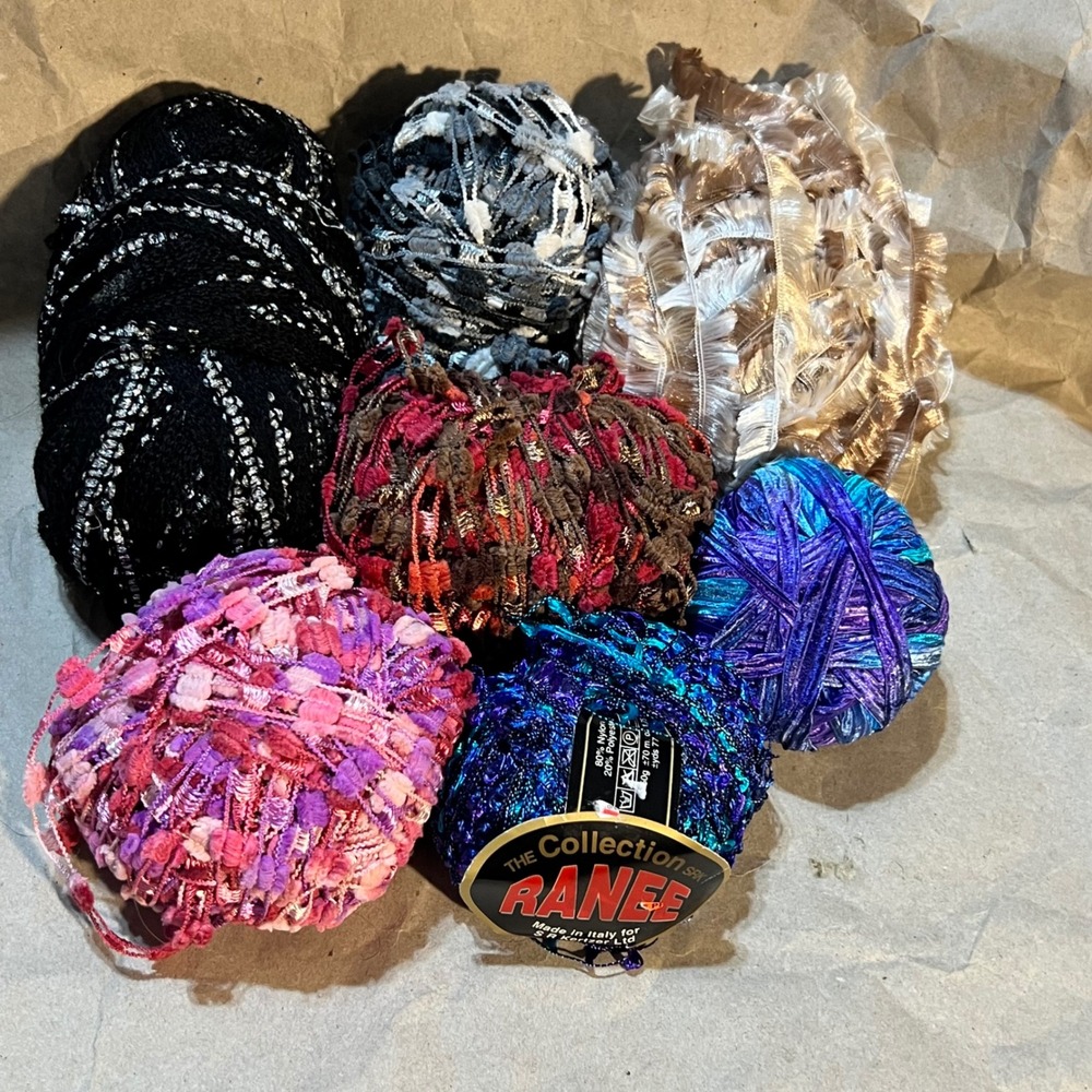 Ranee & Mixed Novelty Yarn Lot 7pc Multicolor Eyelash Ribbon Metallic Textured